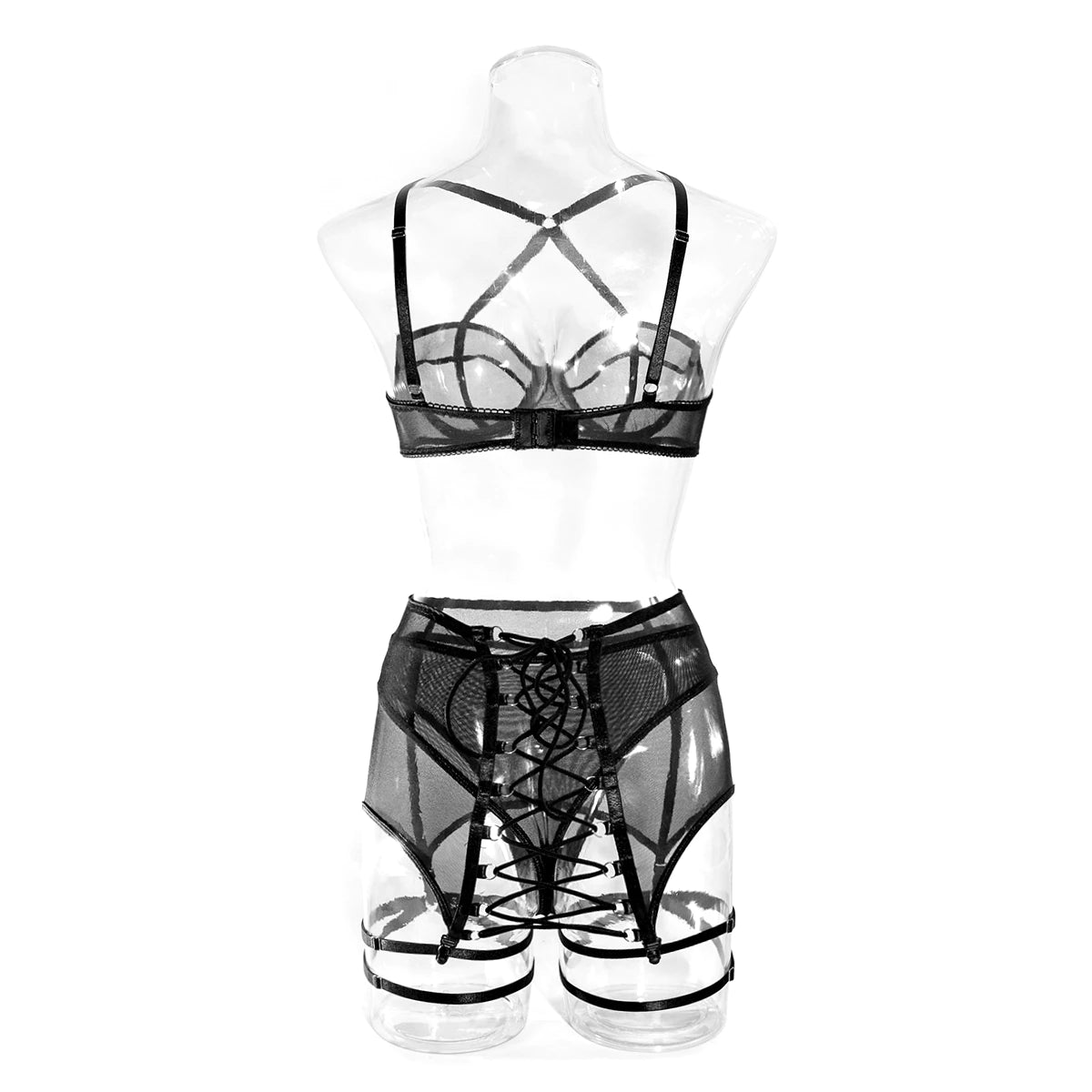 US$21.01-Hollow Open Cup Lingerie Bandage Gothic Underwear Without  Censorship Transparent Bra And Panties With Garter Exotic Set-Description